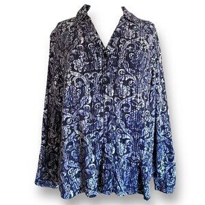 Chicos Womens Blouse Sz 3 US 16 18 Blue White Fleur de Lis Print Shirt Top